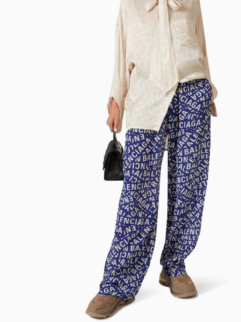 Balenciaga Blue White Logo Jacquard Wide Leg Pyjama Pants